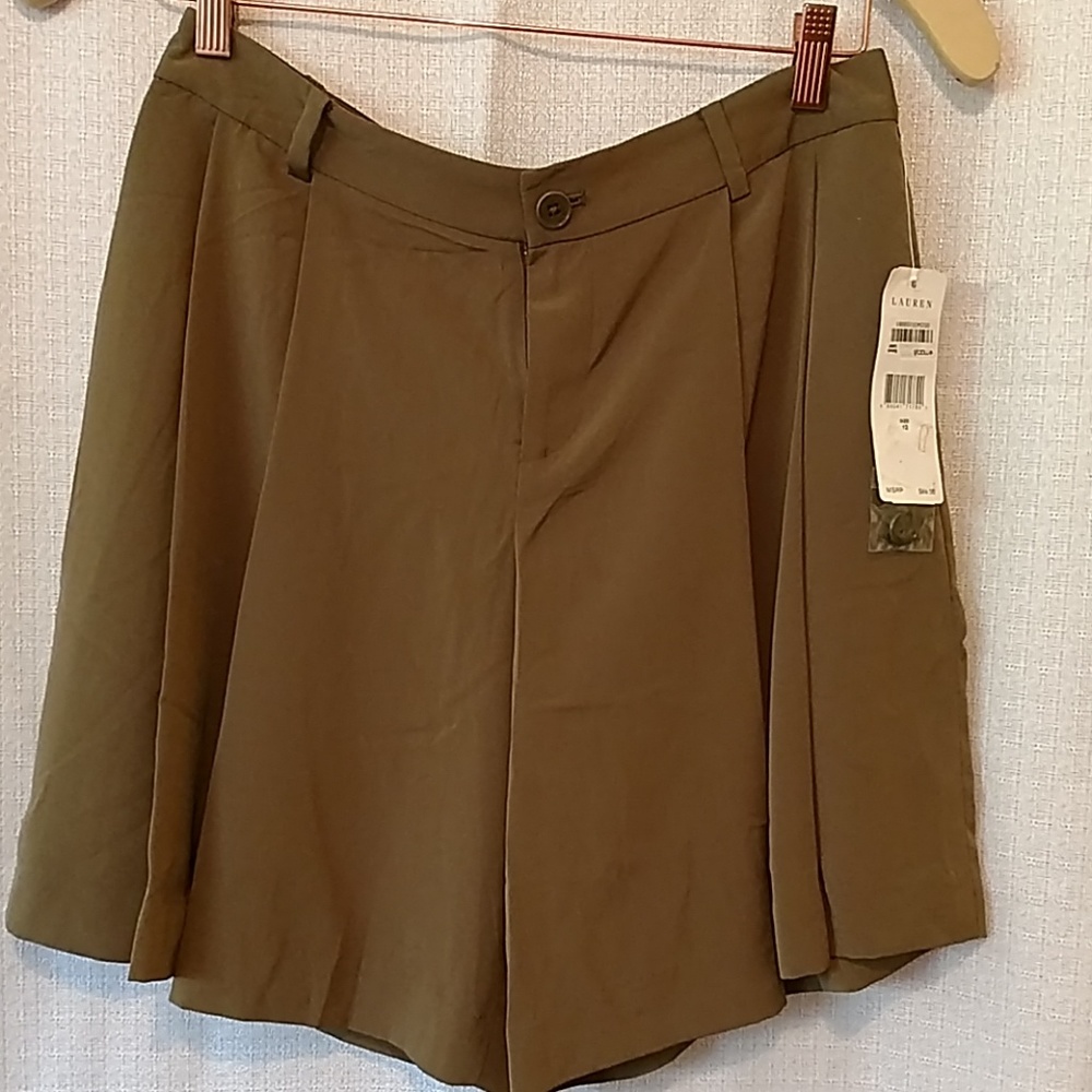 Lauren by Ralph Lauren Pleated Olive Shorts